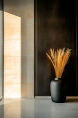 Elegant modern decor featuring a black vase with dried grass in a sunlit room