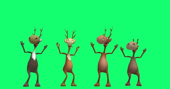A 3D animated scene of Christmas reindeer with lively expressions and synchronized movements against the green background.