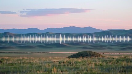 Sound waves radiating across a serene landscape, symbolizing the interconnectedness and harmony of natural and auditory elements.