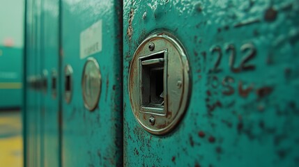 The image captures a close-up of a teal locker with a rusted lock, revealing its weathered exterior in a bustling school environment