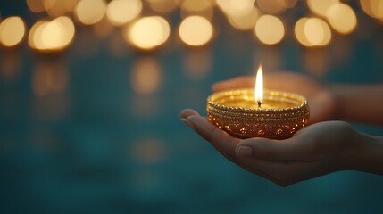 A glowing diya in hands a symbol of light and hope during festivals and celebrations