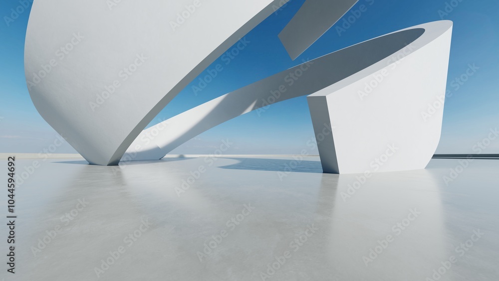 Poster 3d render of white futuristic architecture, abstract circle structure with empty concrete floor.