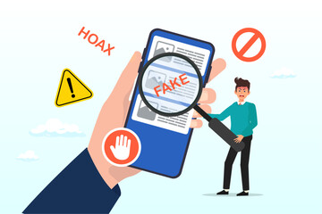 Fake news, false information sharing on social media, hoax or lies censorship, fake website cheating, scam or dishonesty report concept, man magnifying glass on social media as fake news attention