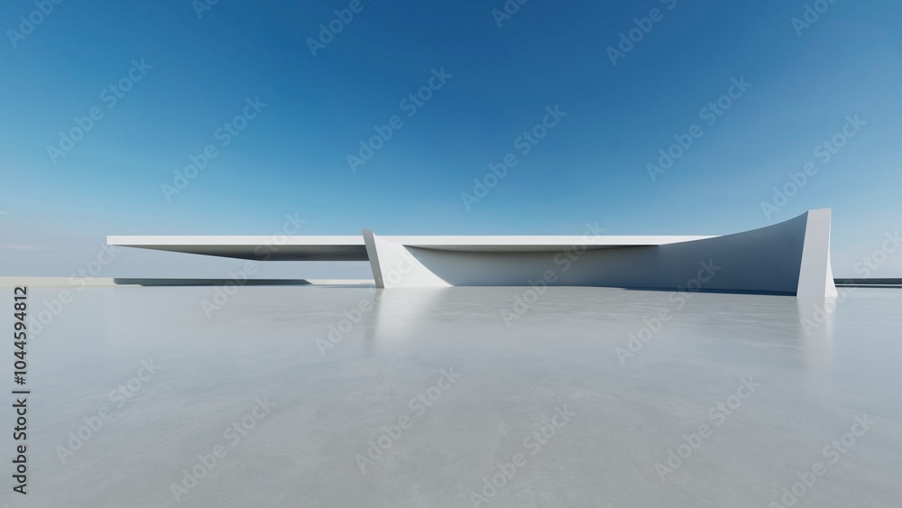 Poster 3d render of abstract modern concrete white architecture with empty cement floor, minimal exterior, 