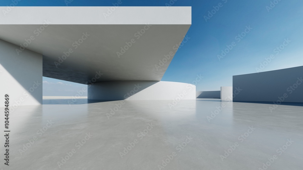 Aufkleber 3d render of abstract modern concrete white architecture with empty cement floor, minimal exterior, car presentation background.