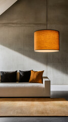 Modern living room with a stylish sofa, warm lighting, and textured decor in a contemporary setting