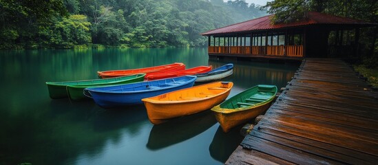 Obraz premium Rowboats docked at a wooden pier in front of a lake surrounded by lush green trees.