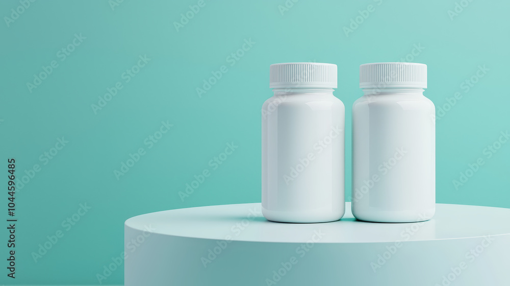 Poster minimalist 3d rendering of two white supplement bottles on circular pedestal against soft turquoise 