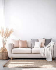 Cozy living room setup with a soft sofa, decorative pillows, and a stylish rug in natural light