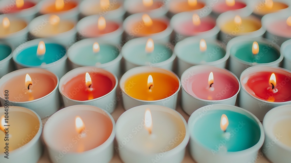 Poster a colorful array of scented candles creating a cozy atmosphere with vibrant hues and gentle glow