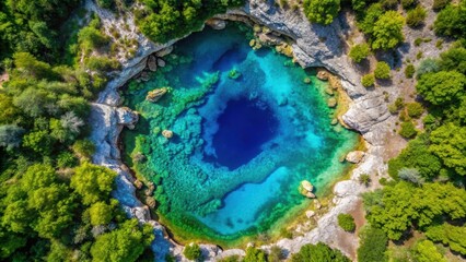 Aerial view of the stunning Blue Eye natural water pool in southern Albania, Albania, Blue Eye, natural, water