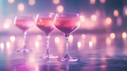 Elegant cocktail glasses filled with pink drink, shimmering against a dreamy backdrop of soft bokeh lights for a festive ambiance.