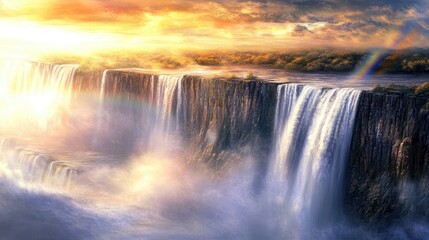 Majestic Waterfall at Sunset with Vibrant Colors