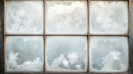 Frosty patterns on an old, vintage window, with thick frost framing the edges and intricate ice crystals forming delicate shapes