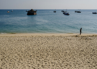 Fototapeta premium Zanzibar's Iconic Dhow Boats Against a Stunning Coastal Backdrop