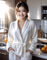 A beautiful woman standing in a spacious kitchen with the morning sun shining in. Loungewear. Fluffy pajamas. Winter atmosphere.朝日の差し込む広いキッチンに立つ綺麗な女性。部屋着。モコモコのパジャマ。冬の雰囲気。