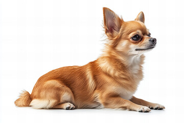 Obraz premium Close-up of Adorable Chihuahua Dog Relaxing – Cute Small Breed Puppy with Big Ears and Fluffy Fur, Isolated on White Background