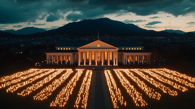 A stunning aerial view of an illuminated historic building surrounded by flickering flames at dusk with majestic mountains in the background