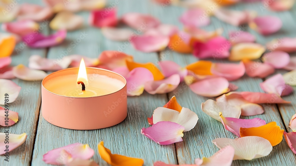 Poster a tranquil candle surrounded by colorful petals creating a serene atmosphere for relaxation and refl