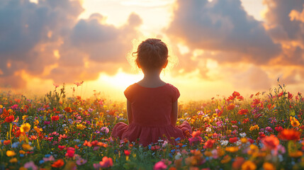 A young girl in a red dress sits in a whimsical meadow, surrounded by wildflowers and a vibrant sky, ideal for promoting mental health awareness, inspirational quotes, or children's events.