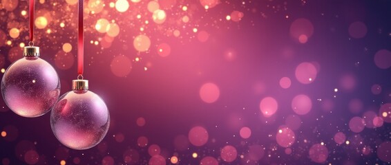 Two christmas baubles hanging on a red festive background