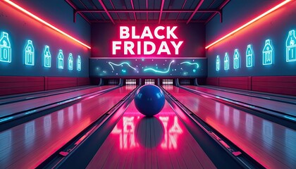 Classic retro bowling alley aesthetic and Black Friday neon banner in bright colors.