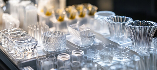 Crystal clear glassware shining on shelf in showroom
