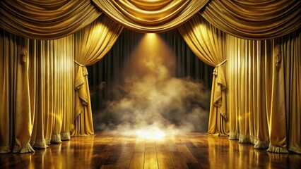Theater stage with golden curtains in motion and smoke , theater, stage, golden, curtains, motion, smoke, performance