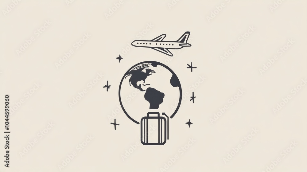 Aufkleber A globe features prominently alongside an airplane soaring and a suitcase symbolizing adventure and exploration across the world. Generative AI
