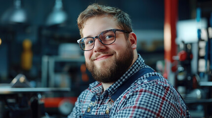 smiling young man in glasses, wearing checkered shirt and overalls, exudes confidence in workshop filled with tools and equipment. His cheerful demeanor adds warmth to industrial setting