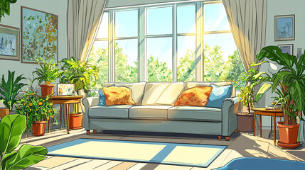 Illustrated modern building living room