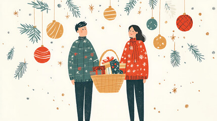 A couple holding a shopping basket filled with shiny baubles and holiday-themed home décor 