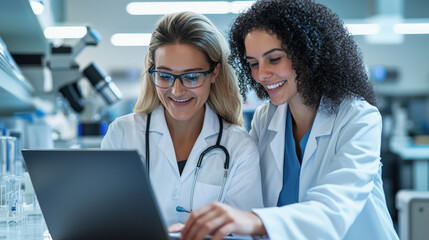 Two diverse female scientists smiling while working together on laptop in laboratory, showcasing collaboration and innovation in science