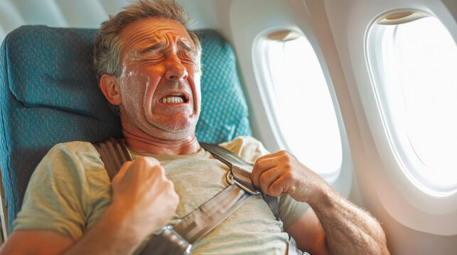 Man experiencing panic attack during flight turbulence