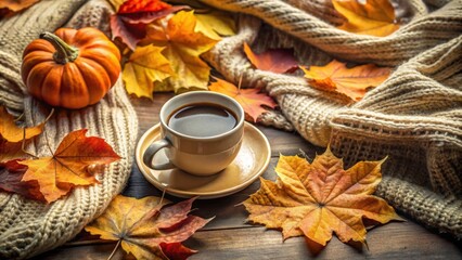 Cozy Thanksgiving morning scene with coffee on knitted blanket surrounded by autumn leaves