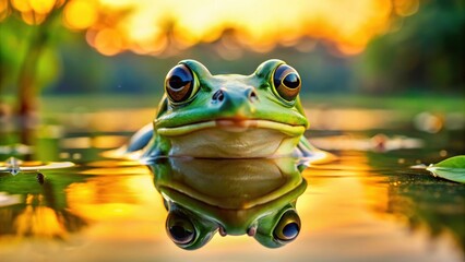 Green frog with big eyes in garden pond at sunset , frog, European common frog, amphibian, toad, garden, pond