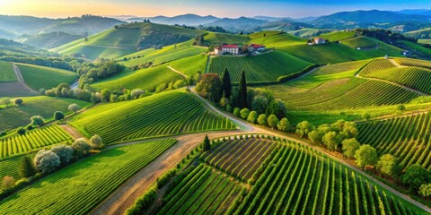 Fototapeta premium Drone view of green hills with vineyards ready for harvesting in the Italian countryside, Italy, drone