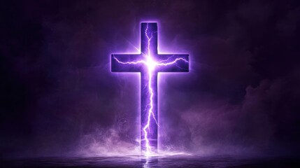 A cross illuminated by glowing purple lightning stands as a beacon of faith and spiritual insight against a dark background.