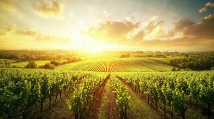 Naklejka premium Serene Vineyard at Sunset Over Rolling Hills