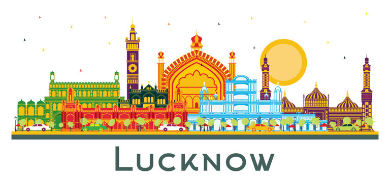 Lucknow India City Skyline with Gray Buildings isolated on white. Business Travel and Tourism Concept with Modern Architecture. Lucknow Cityscape with Landmarks.
