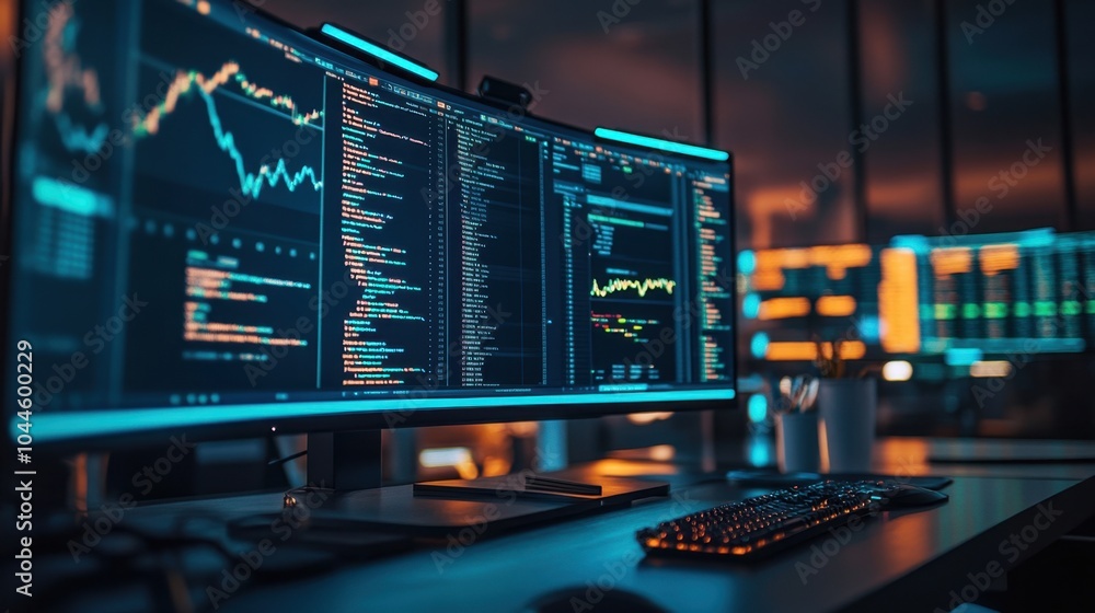 Poster a detailed view of an seo specialist monitor displaying keyword analysis, emphasizing the strategic 