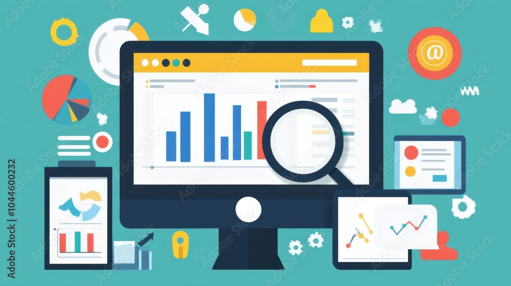 Poster a detailed view of an seo specialist monitor displaying keyword analysis, emphasizing the strategic 