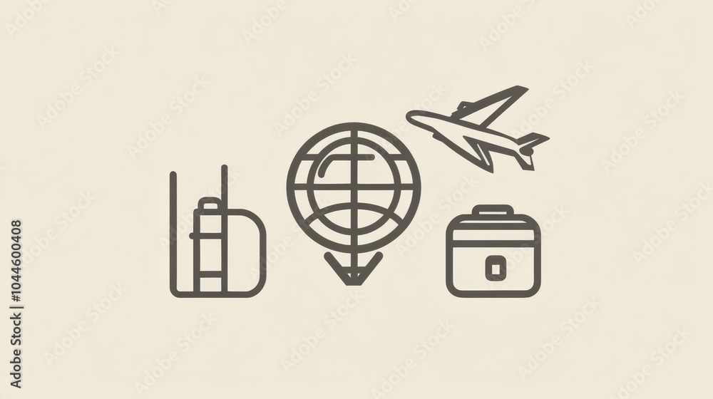 Poster the design portrays a globe, an airplane in mid-flight, and a suitcase, representing the joy of expl