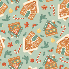 Materiał do szycia Gingerbread houses Christmas seamless pattern.