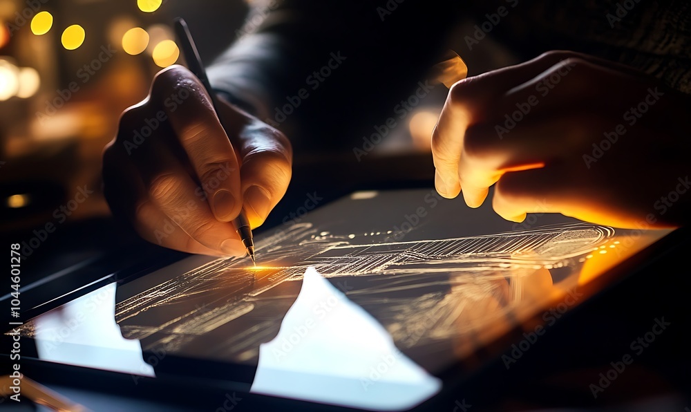 Poster closeup of hands using a stylus on a digital tablet to design.
