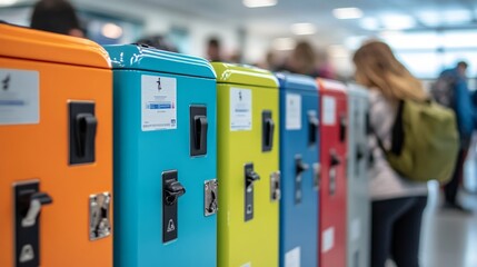 A row of vibrant lockers brightens a school hallway as students engage with each other, creating a lively atmosphere filled with energy and activity