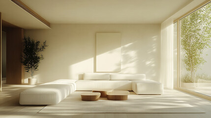 A minimalist living room with light beige walls, a white sofa, and a wooden coffee table