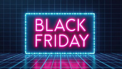 Sleek retro grid design and Black Friday banner in glowing electric blue and pink.