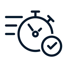 Stopwatch, check mark. Concept of fast translation, application review. Vector linear icon isolated on white background.