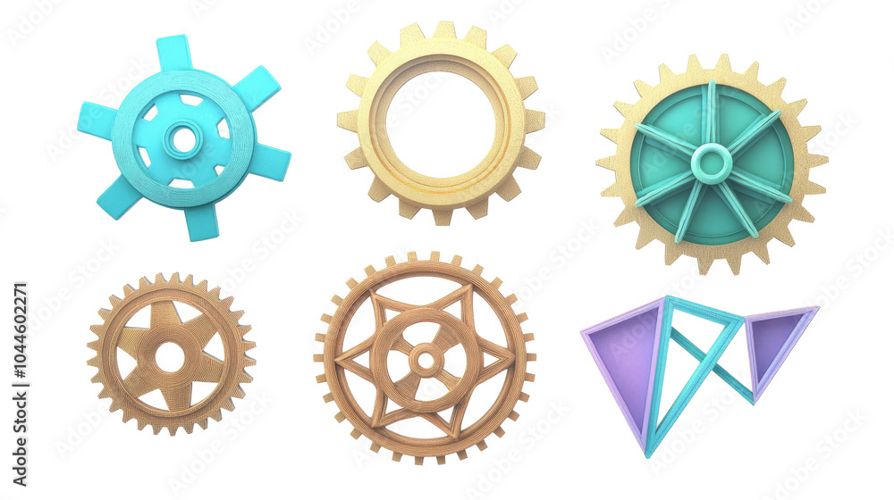 Poster colorful collection of interlocking gears and abstract shapes design generative ai